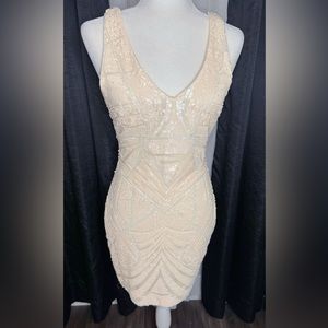 Sequin Ivory V Neck Sleeveless Mini Dress
